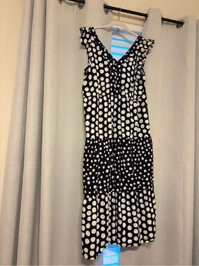LOFT Navy and White Polka Dot V-Neck Midi Dress